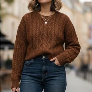 Elegant Brown Cable Knit Sweater